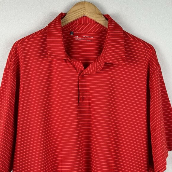 Under Armour Polo Shirts Men's Size 3XL Red Stripe Logo Heat Gear Loose Fit Golf - Picture 2 of 5